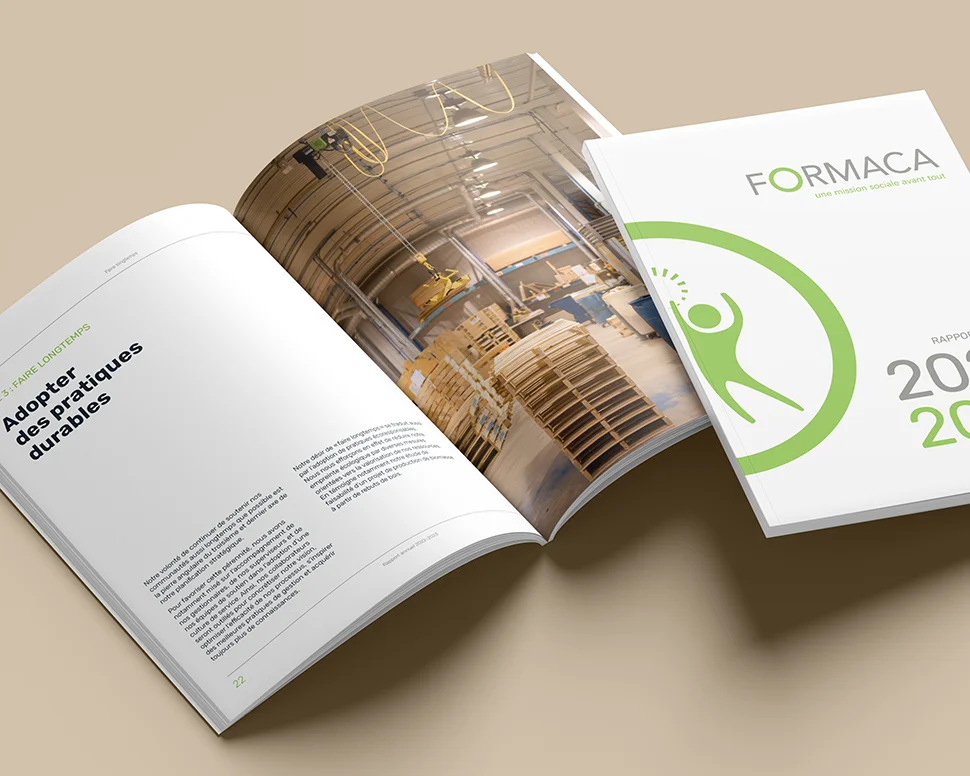 Aperçu du rapport annuel de Formaca, intérieur et couverture.